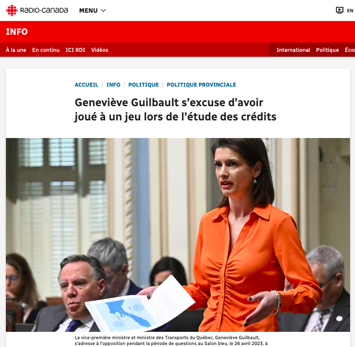 Capture d'écran d'un article de Radio-Canada au sujet de Geneviève Guilbault